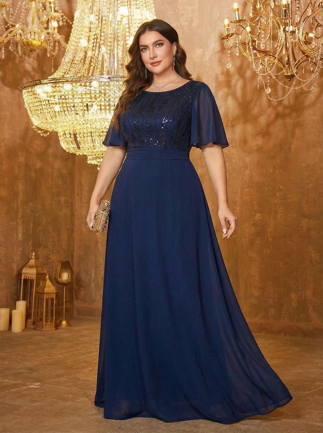 Elegant Plus Size Sequin Bridesmaid Dress, Sequin Spliced Chiffon