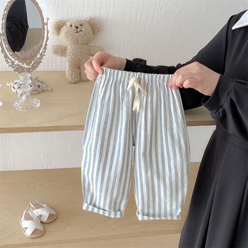 Boys & Girls Striped Drawstring Casual Pants, Loose Lightweight Cotton Linen Long Trousers for Kids