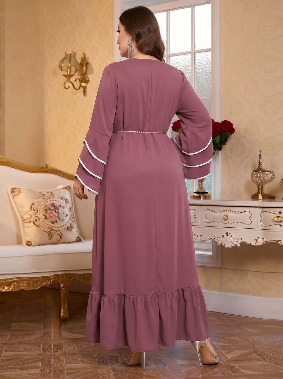 Plus Size Women Ethnic Style Long Loose Dress With Golden Waist Belt