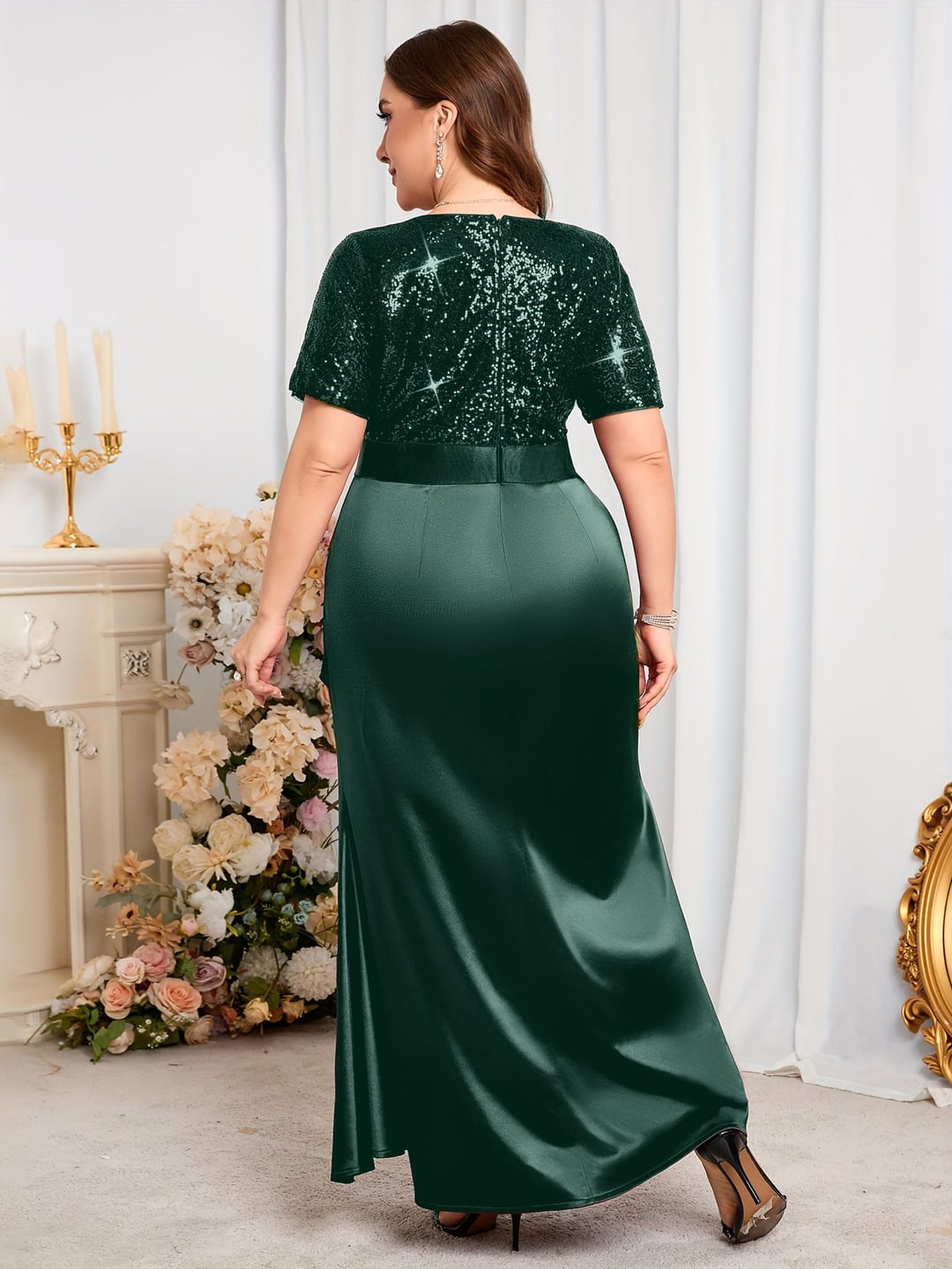 Plus Size Women V-Neck Short Sleeve Split Sequin Elegant Dress