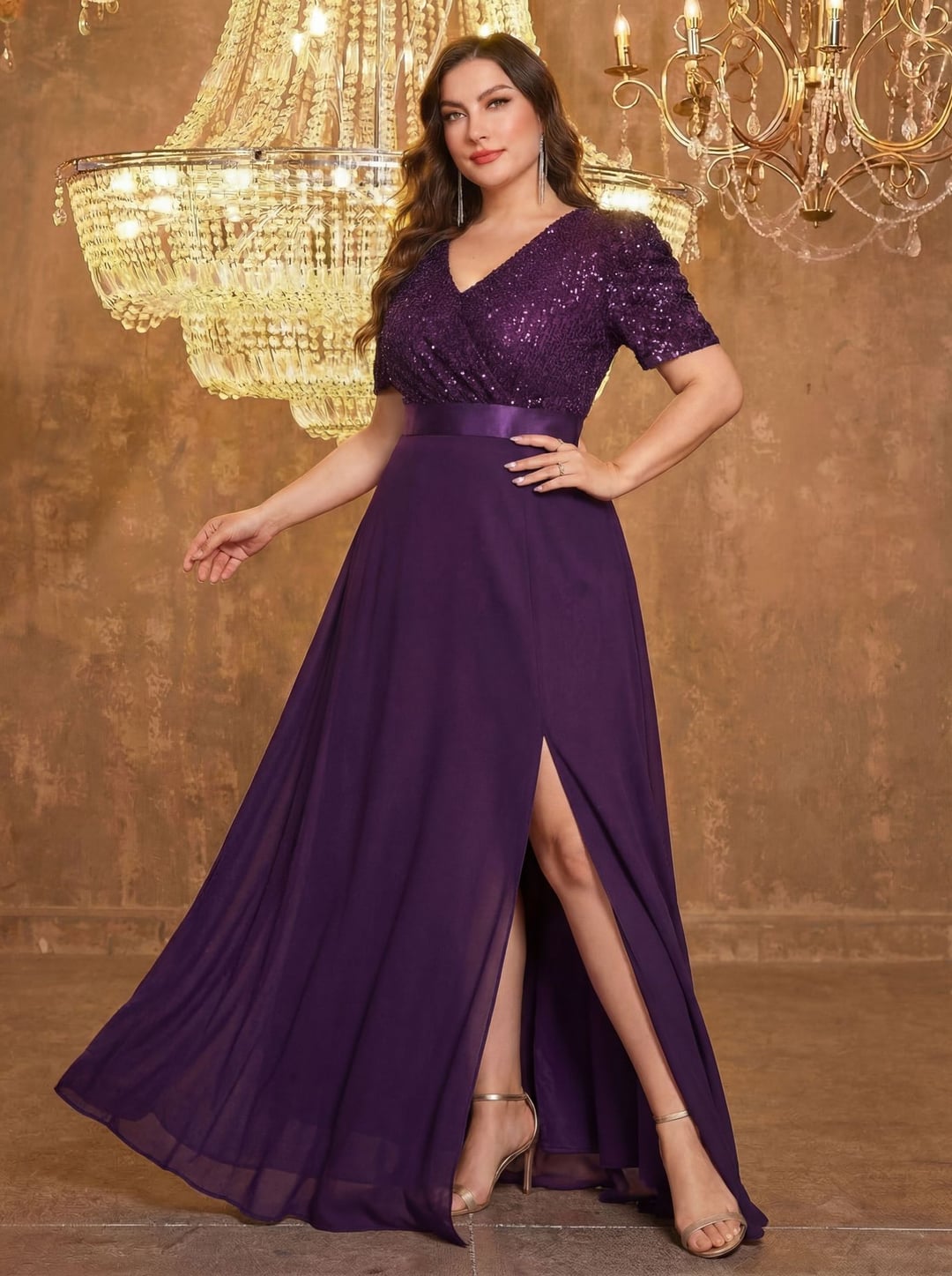 Plus Size European American V-Neck Long Sleeve Split Sequin Elegant Evening Dress