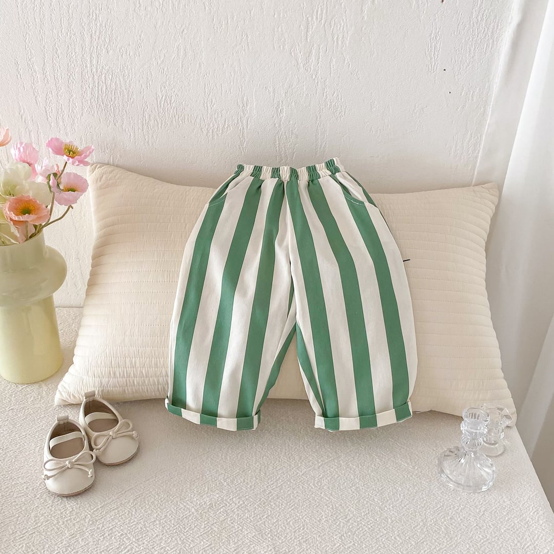 Boys & Girls Striped Drawstring Casual Pants, Loose Breathable Linen Cotton Trousers for Kids