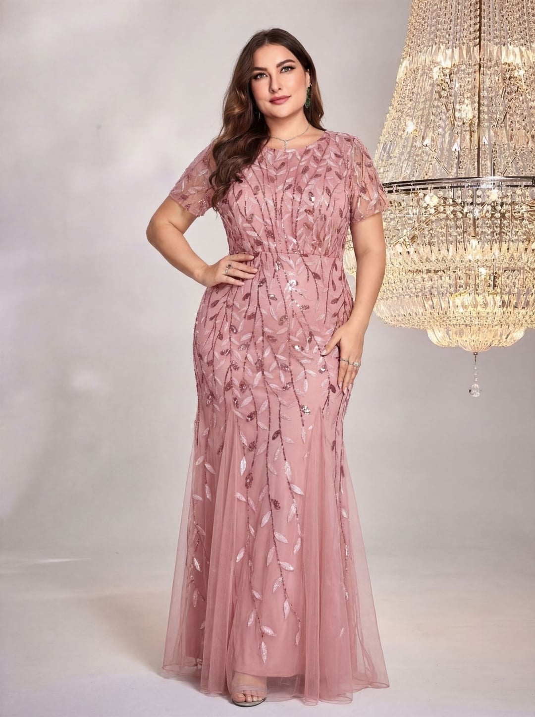Plus Size Women Dress, European & American Style, V-neck Long Sleeve Slit Sequin Elegant Dress