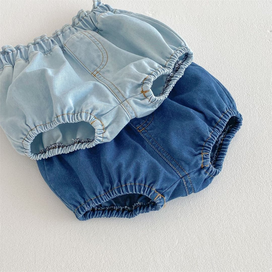 Cute Denim Bloomers, Floral Bud Design Shorts, Loose Buttock Pants for Baby Girls Summer Wear