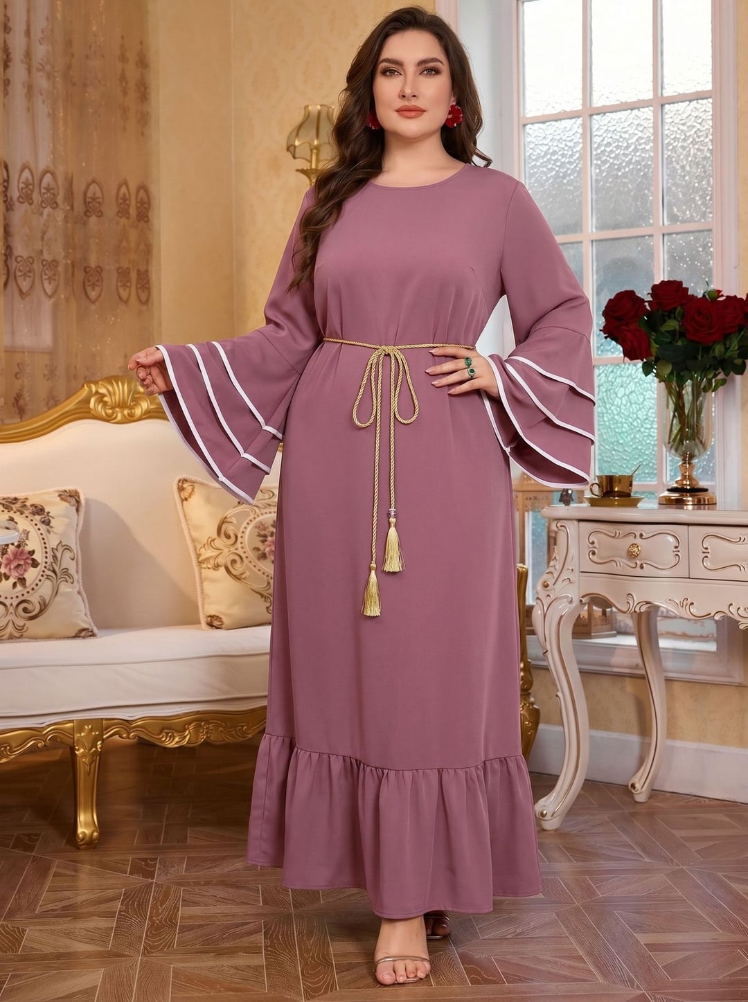 Plus Size Women Ethnic Style Long Loose Dress With Golden Waist Belt