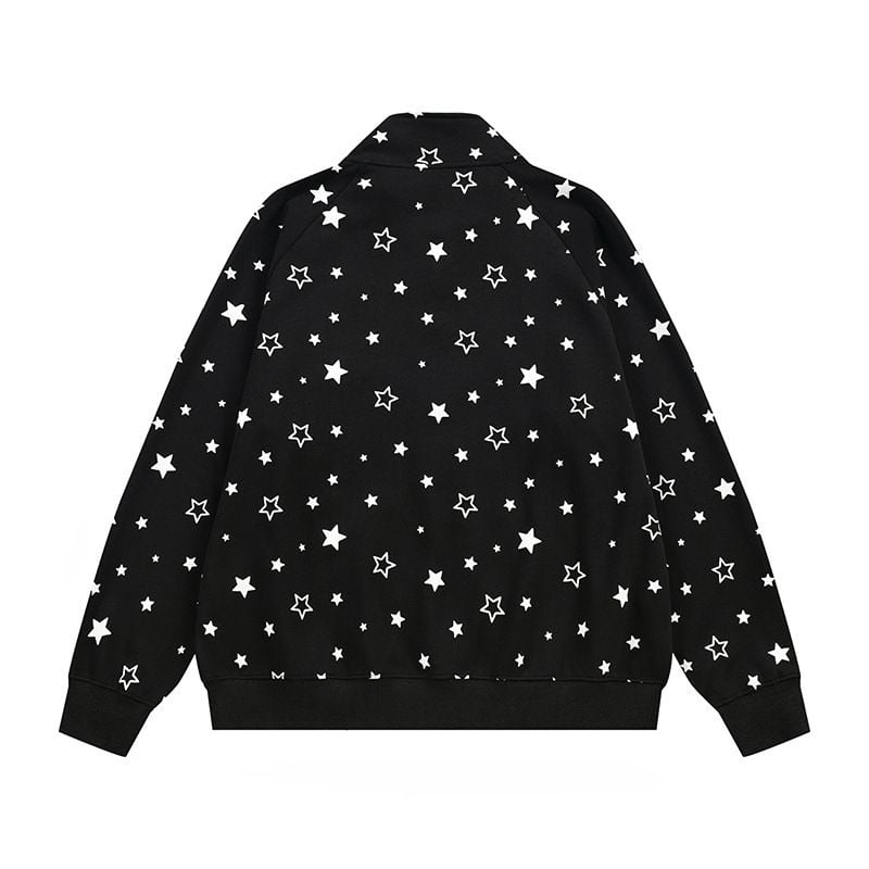Hip Hop Star Printed Loose Zip Up Jacket, Men's Casual Cartoon Patch Pocket Stand Collar Sweatshirt Coat