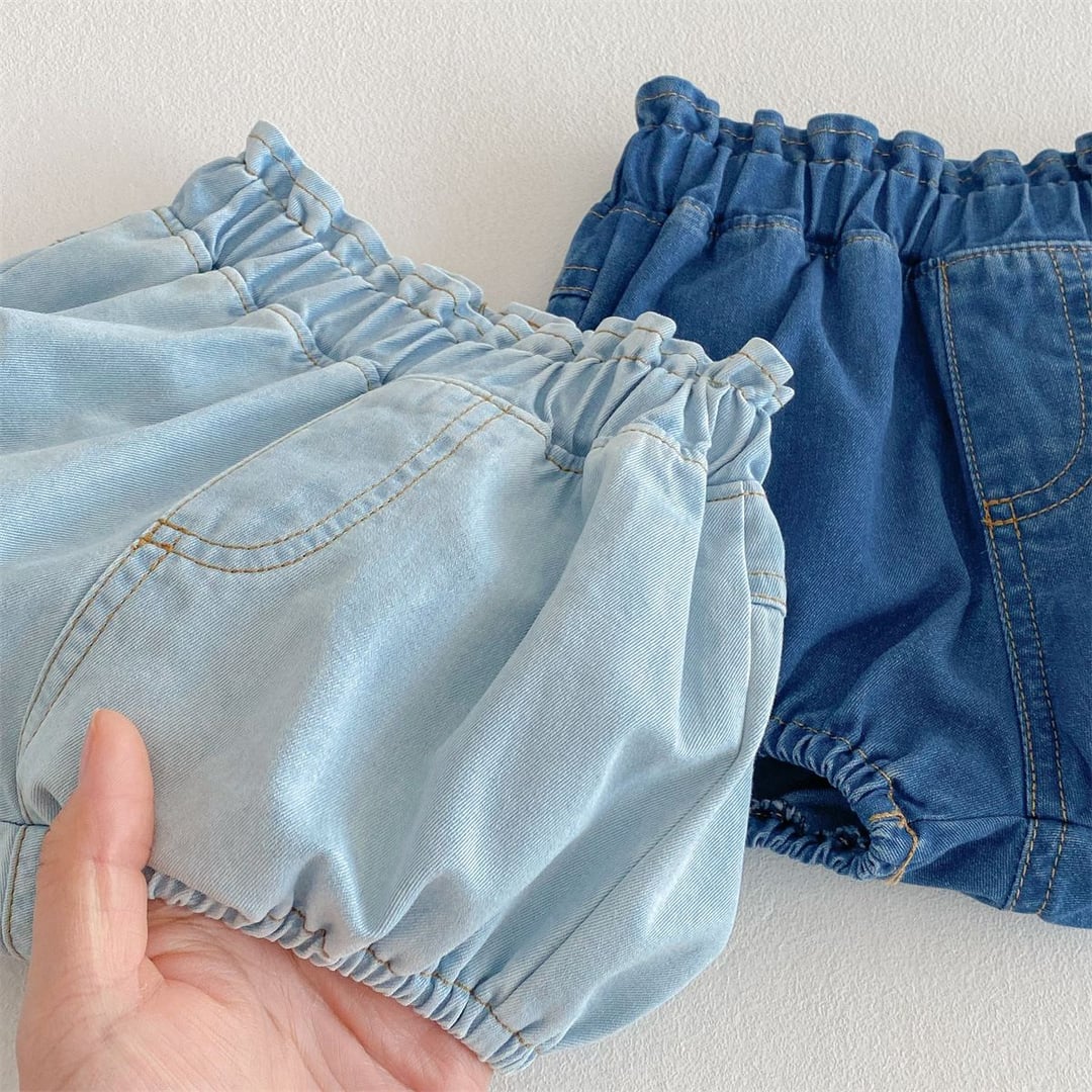 Cute Denim Bloomers, Floral Bud Design Shorts, Loose Buttock Pants for Baby Girls Summer Wear