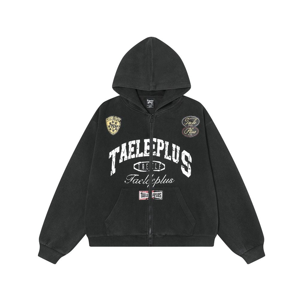Men Vintage High‑Street Washed Loose Hooded Zip‑Up Sweatshirt Cardigan, Distressed Letter Print Casual Jacket for Spring Autumn
