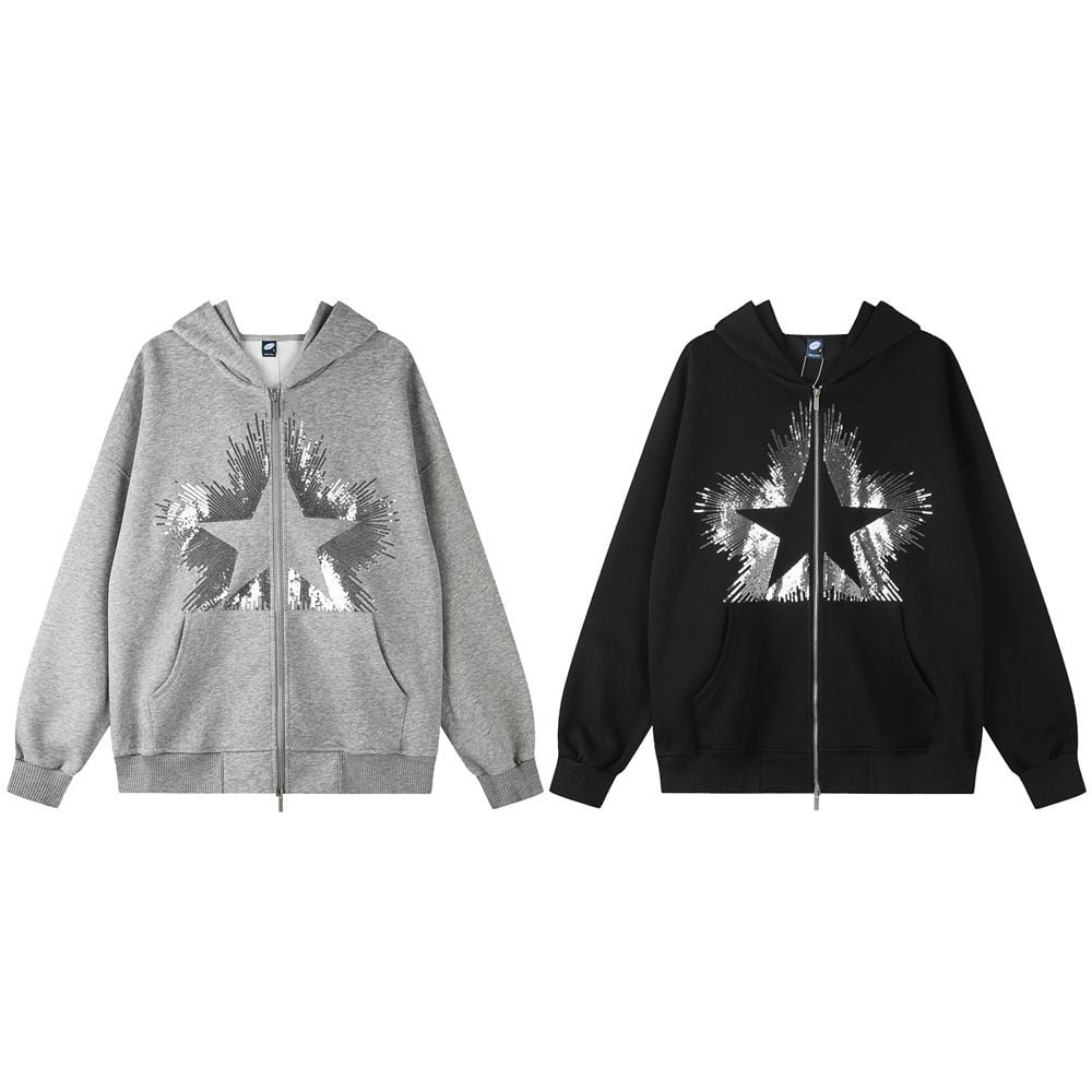 Men High‑Street Unique Design Hoodie Jacket, Star Sequin Embroidery Two‑Way Zipper Loose Casual Sweatshirt for Spring Autumn