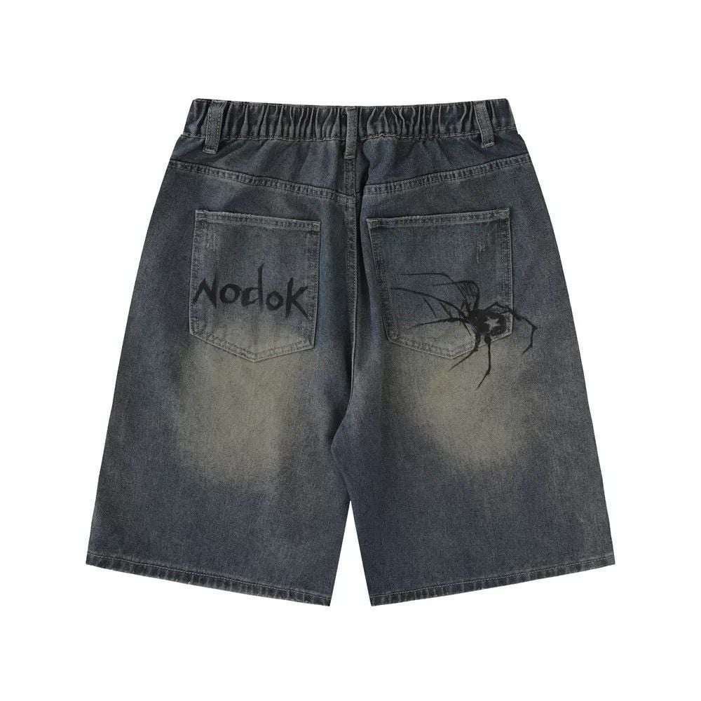 Men's loose casual denim shorts with trendy spider print