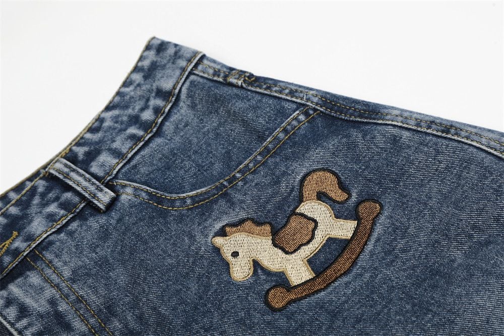 Men’s American Vintage Cartoon Carousel Horse Embroidered Denim 3/4 Shorts, Washed Distressed Cargo Loose Wide‑Leg Straight Pants