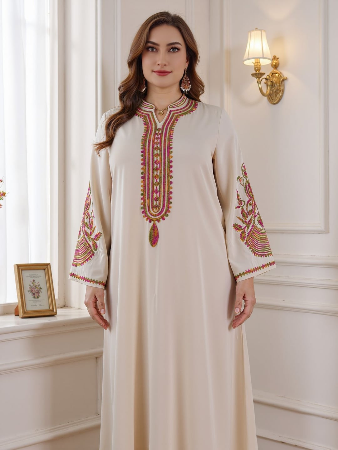 Plus Size Ethnic Loose Long Dress With Colorful Sequin Lace Decoration