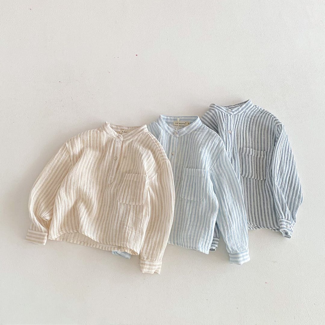 Spring Autumn Kids Vertical Striped T-Shirt, Double-Layer Cotton Yarn Casual Shirt, All-Match Daily Tops for Toddler & Older Boys Girls