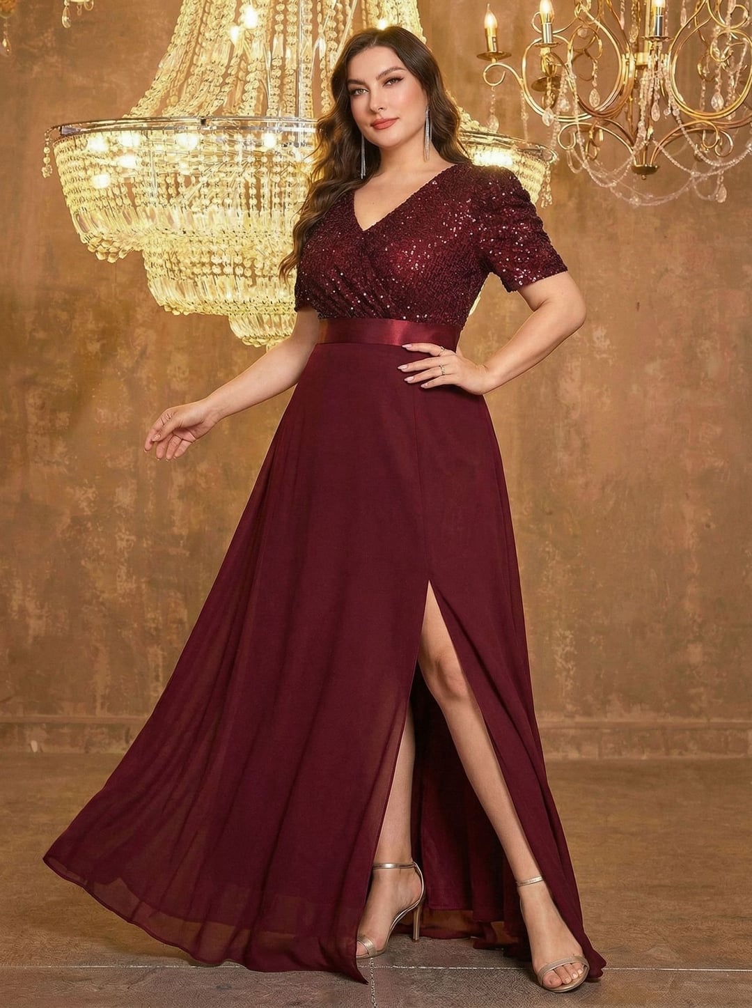 Plus Size European American V-Neck Long Sleeve Split Sequin Elegant Evening Dress