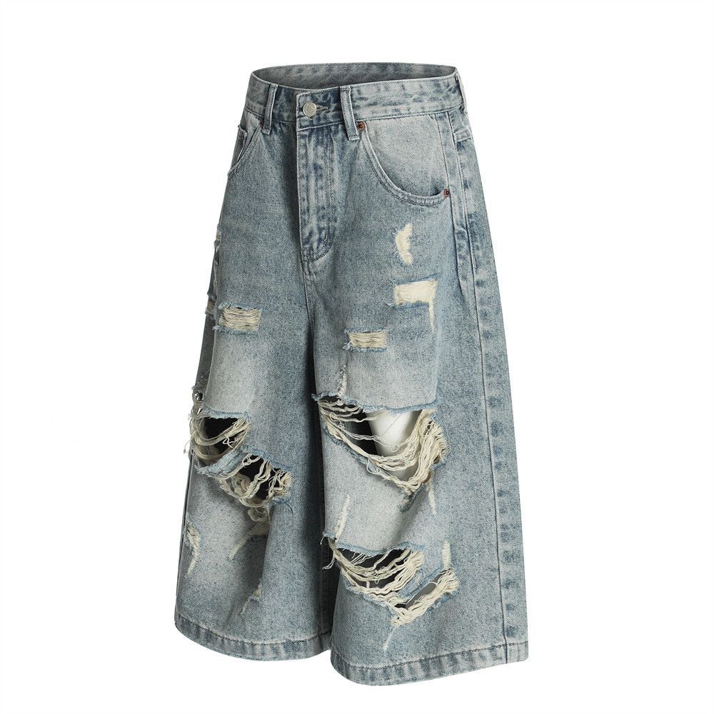 Men's American Punk Ripped Denim Seven-Point Pants Summer Style