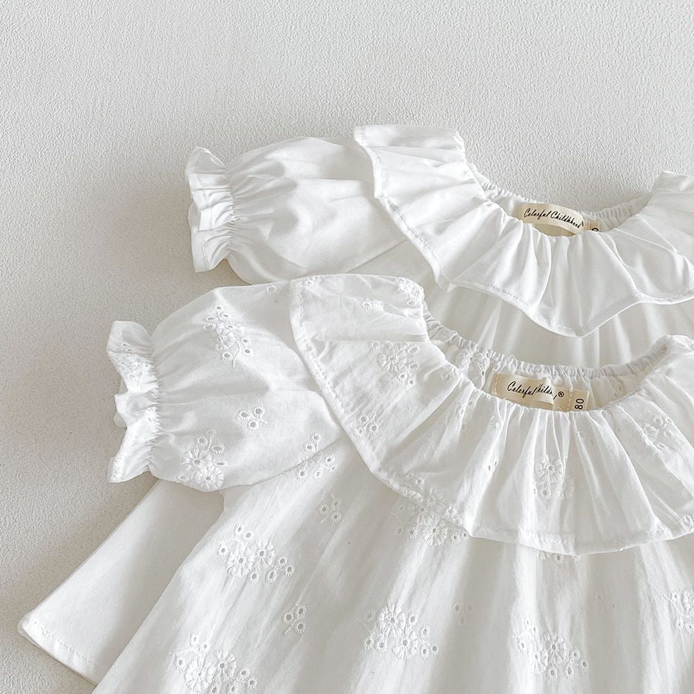 Baby Girl White Cotton T‑Shirt Cute Ruffle Collar Puff Short Sleeve Breathable Kids Top