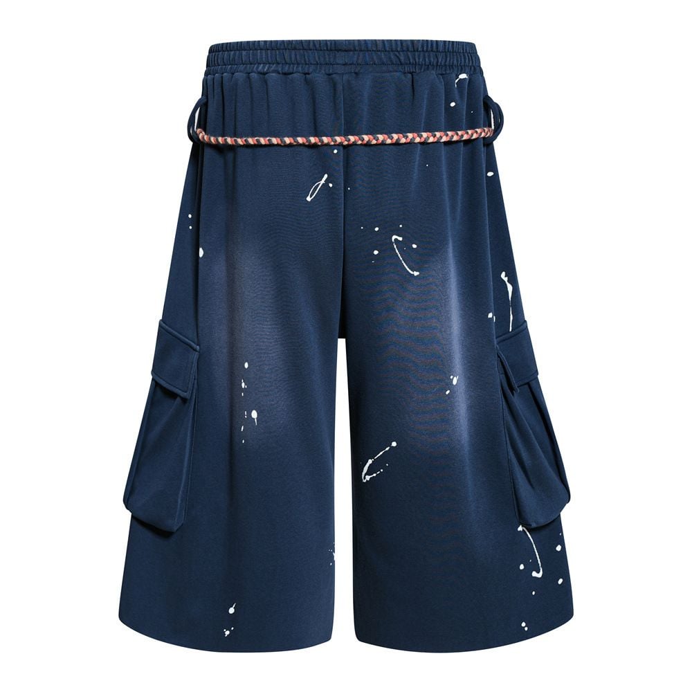 Men Hand‑Drawn Graffiti Washed Cargo 3/4 Shorts, Drawstring Multi‑Pocket Loose Wide‑Leg Streetwear
