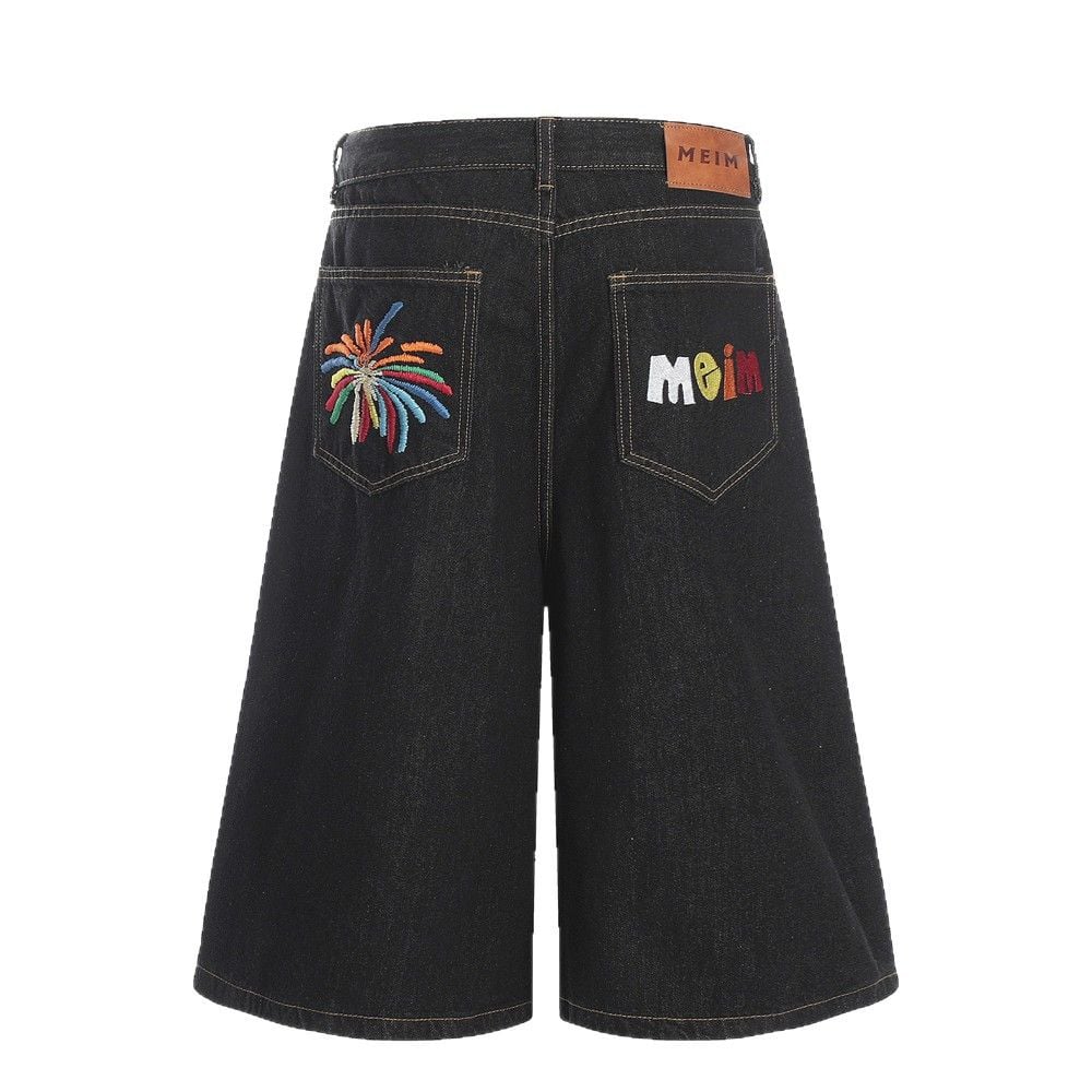 Men’s Summer Denim Mid‑Length Shorts, Firework & Letter Embroidery, Streetwear Brand Style, Washed Loose Casual Straight Wide‑Leg Jeans Shorts