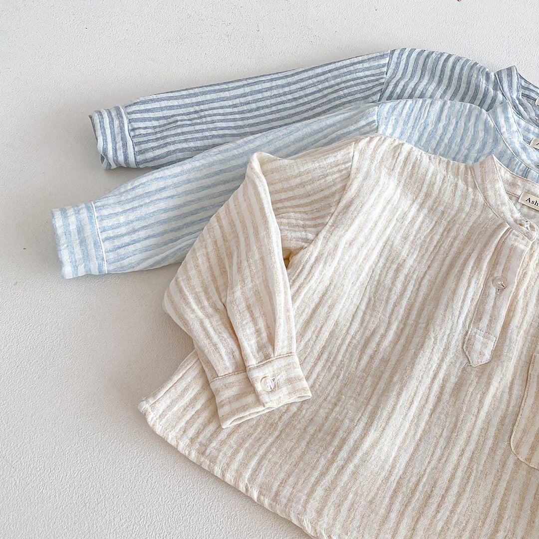 Spring Autumn Kids Vertical Striped T-Shirt, Double-Layer Cotton Yarn Casual Shirt, All-Match Daily Tops for Toddler & Older Boys Girls