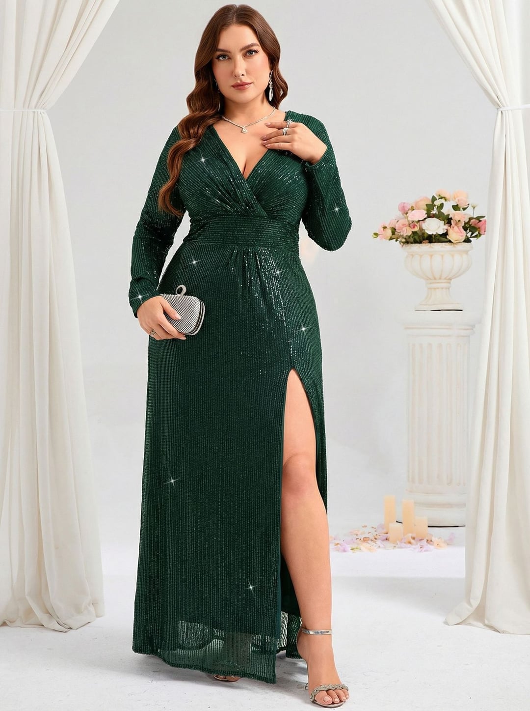 Plus Size European & American Style Evening Dress, V-Neck Long Sleeve Slit Sequin Elegant Gown