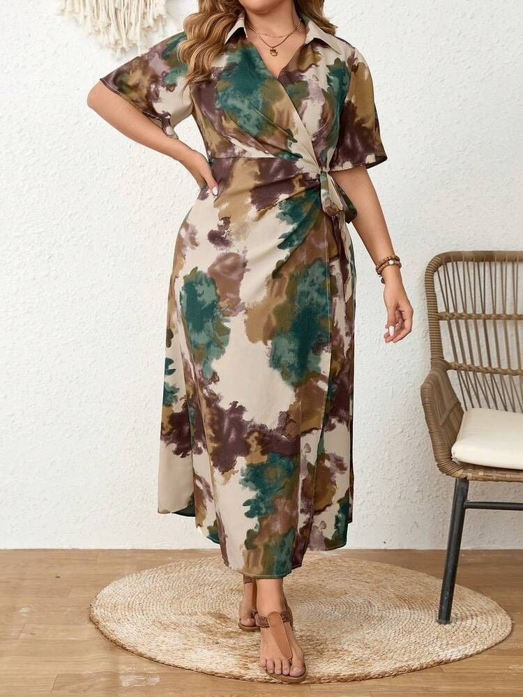 Plus Size Women's European Style Tie-dye Print V-neck Waist Tie Dress