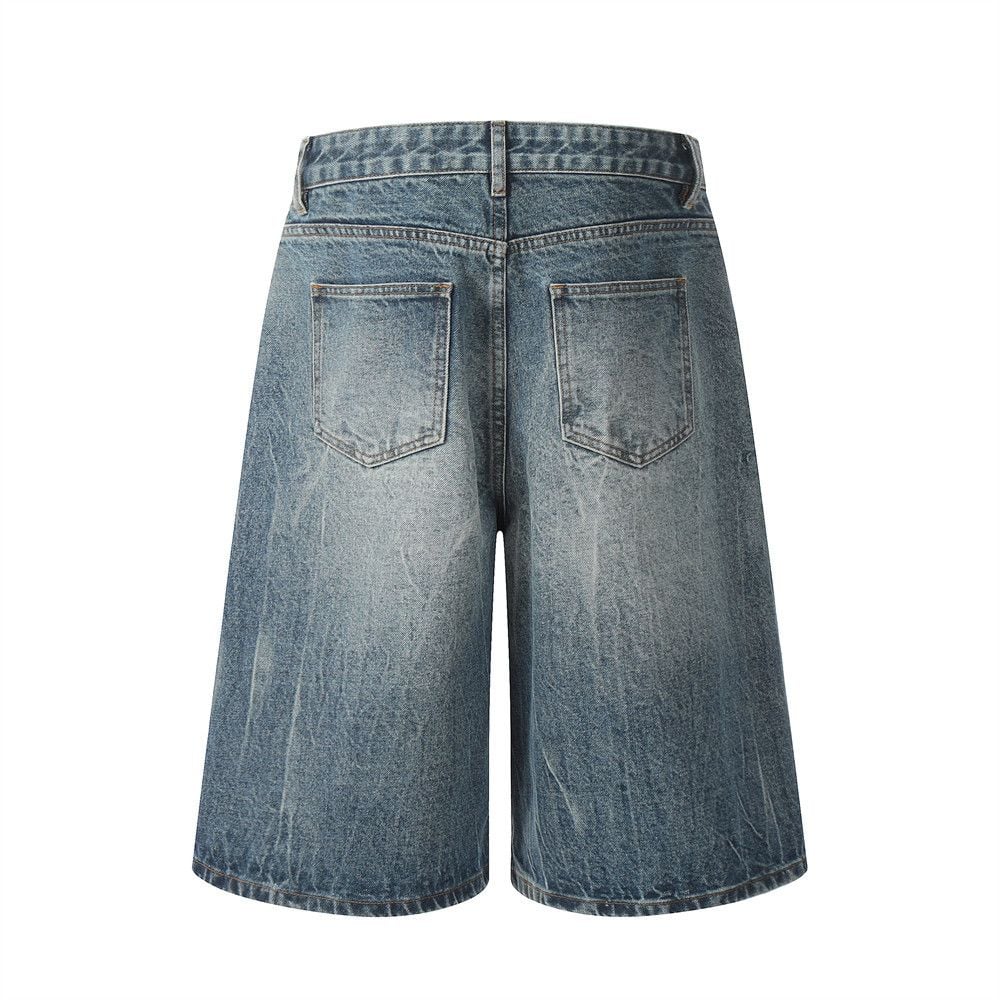 Men’s Washed Faded Denim 5‑Inch Mid Shorts, Vintage Distressed Finish, Loose Wide‑Leg Straight‑Cut Casual Cargo Streetwear Shorts