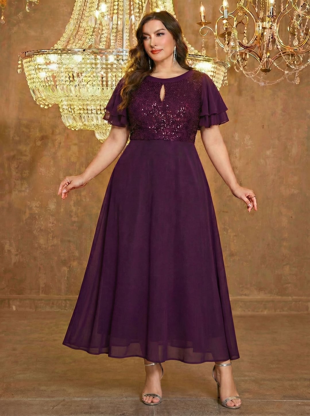 Plus Size Sequin Bridesmaid Dress Chiffon Patchwork Elegant Evening Gown
