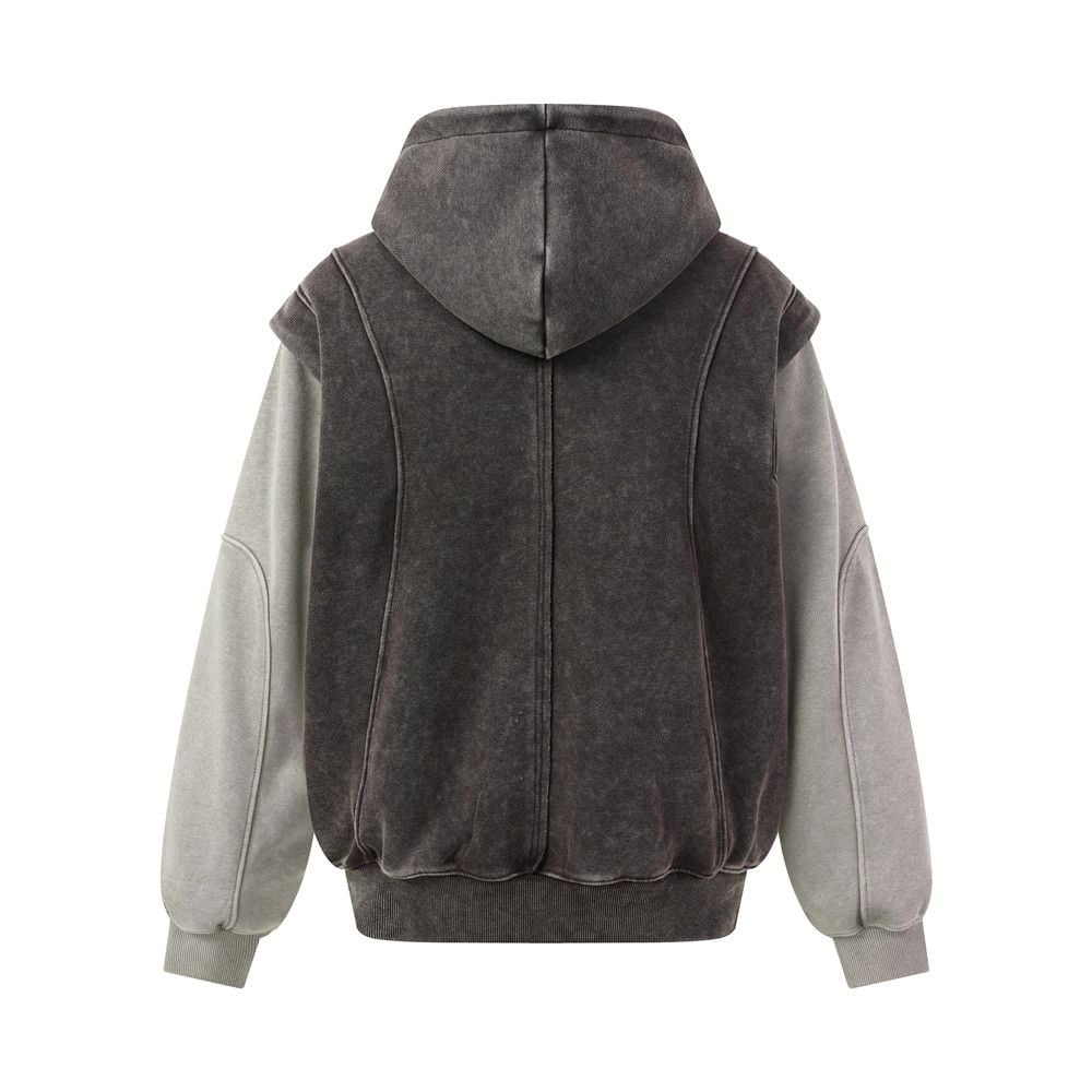 Men Wasteland Washed‑Distressed Hoodie Jacket, Punk 3D Deconstructed Faux Two‑Piece Splicing, Loose Street‑wear Outerwear for Spring & Autumn