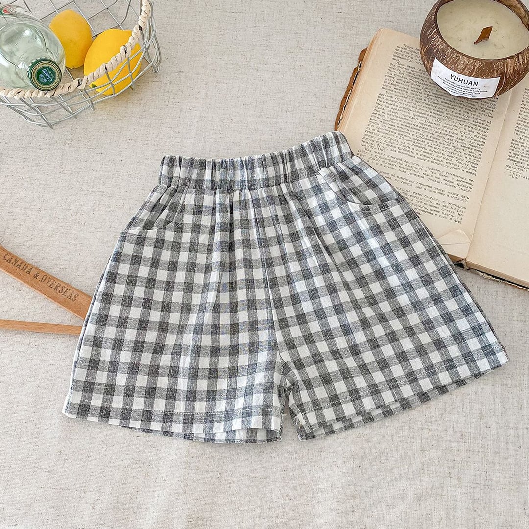 Boys Plaid Linen Cotton Shorts, Thin Breathable Casual Home Shorts for Summer