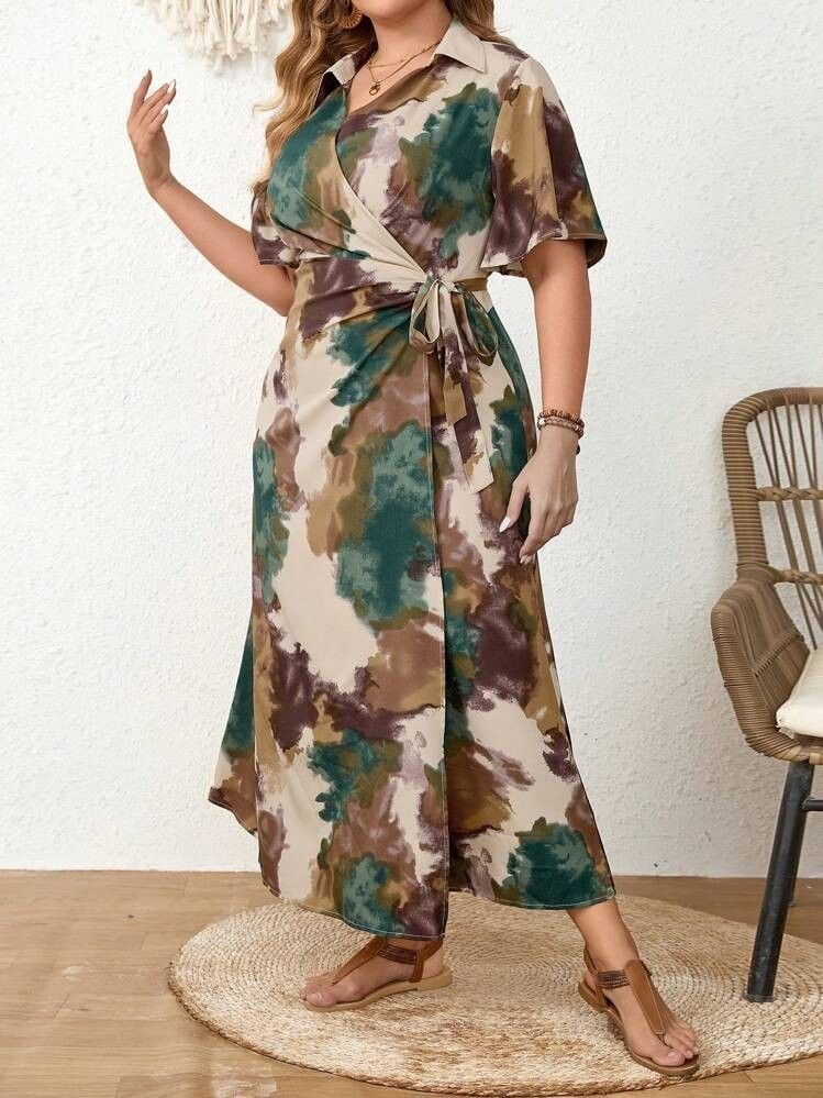 Plus Size Women's European Style Tie-dye Print V-neck Waist Tie Dress