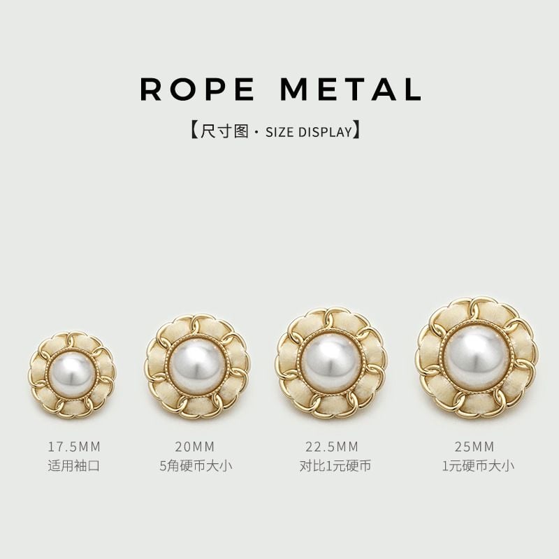 Corded Metal Buttons with Woven Pearls and Rhinestone Inlay