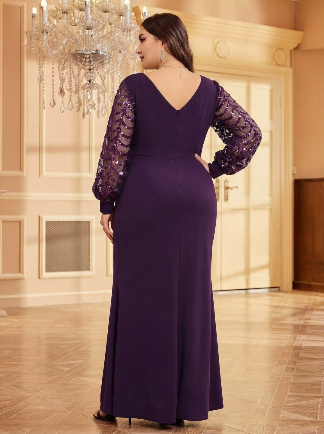 European American V-neck Long Sleeve Mermaid Sequin Elegant Evening Gown