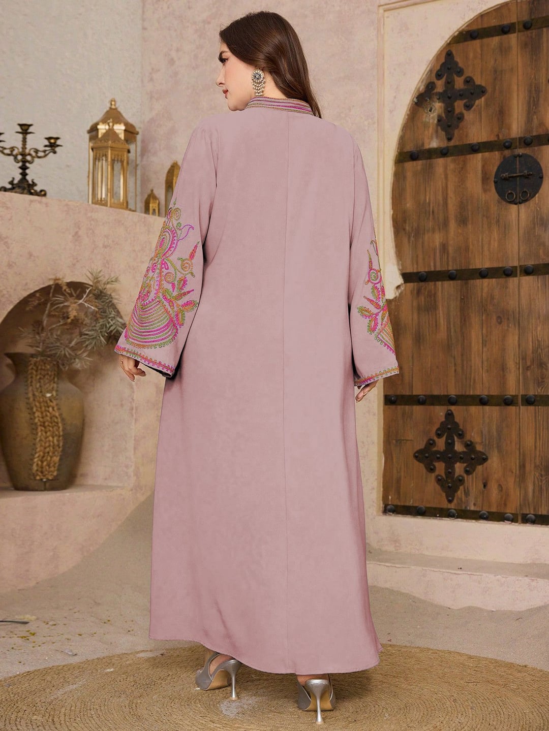 Plus size ethnic style long loose dress, small V-neck, slight satin finish