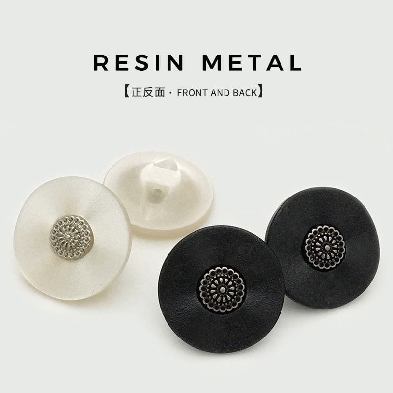 Classic Black & White Resin Buttons, Round Metal Floral Center Buttons