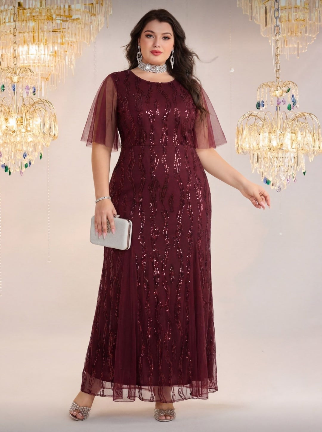 Plus Size Elegant Round Neck Short Sleeve European Style Evening Dress
