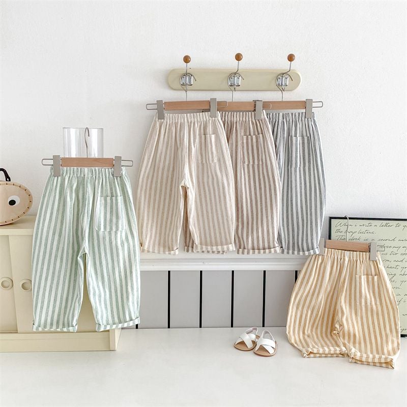 Boys & Girls Striped Drawstring Casual Pants, Loose Lightweight Cotton Linen Long Trousers for Kids