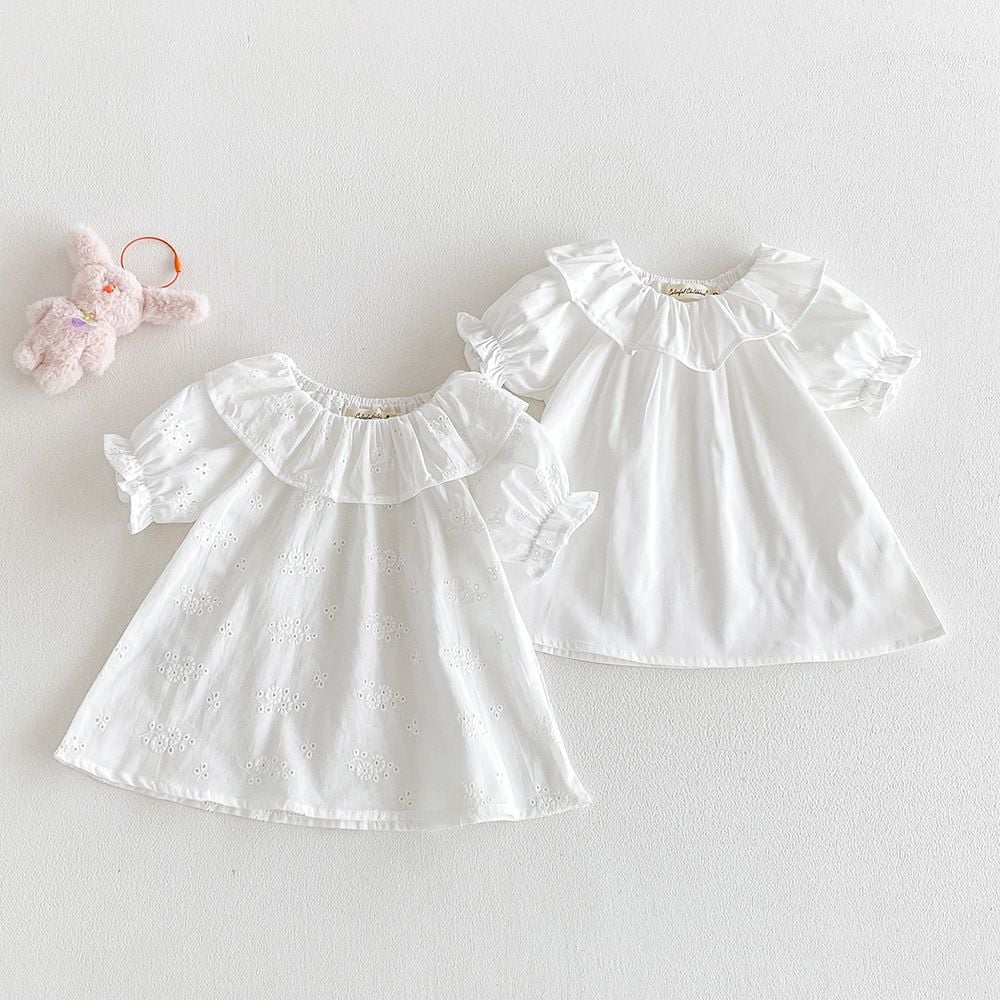 Baby Girl White Cotton T‑Shirt Cute Ruffle Collar Puff Short Sleeve Breathable Kids Top