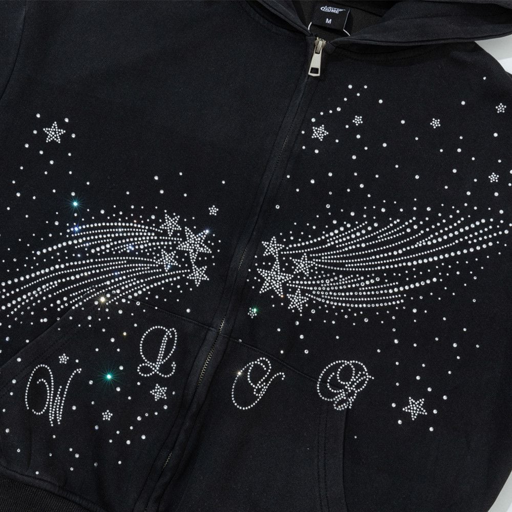 Men Starry Bling Hot‑Fix Rhinestone Hooded Zip‑Up Cardigan, Hip‑Hop Street‑Style Unique Double‑Slider Zipper Sweatshirt Jacket for Spring Autumn