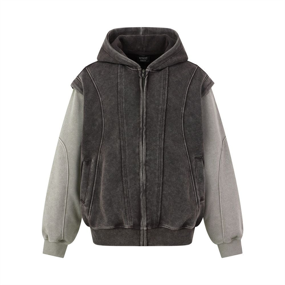 Men Wasteland Washed‑Distressed Hoodie Jacket, Punk 3D Deconstructed Faux Two‑Piece Splicing, Loose Street‑wear Outerwear for Spring & Autumn