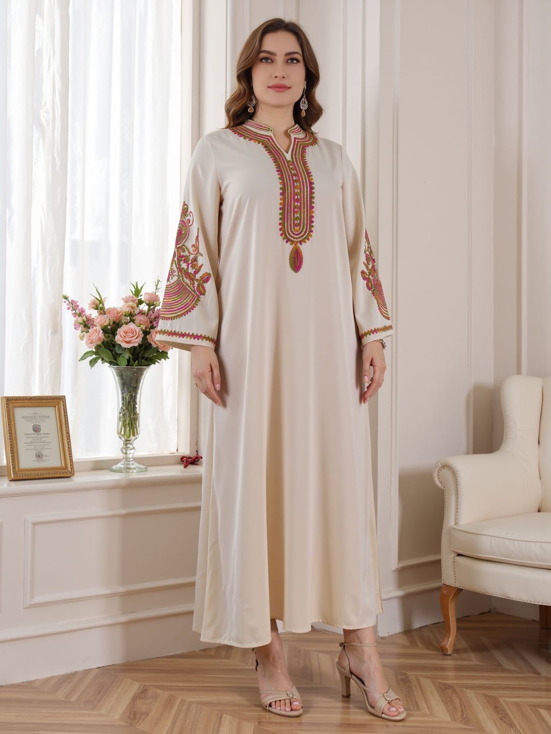 Plus Size Ethnic Loose Long Dress With Colorful Sequin Lace Decoration