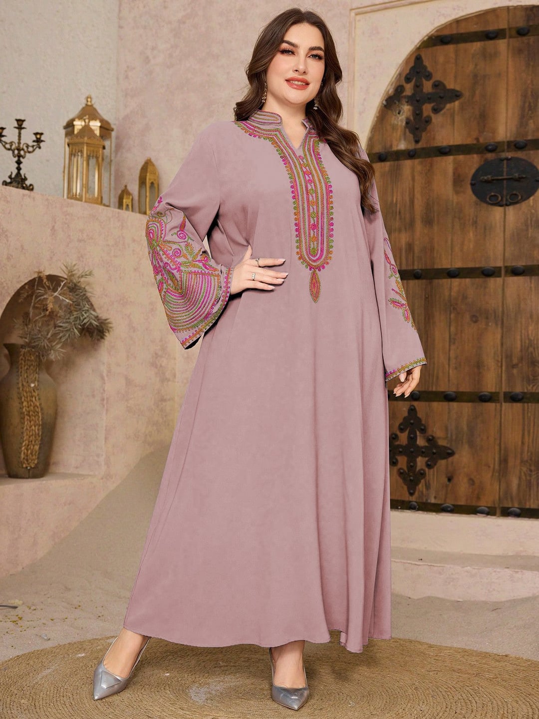 Plus size ethnic style long loose dress, small V-neck, slight satin finish