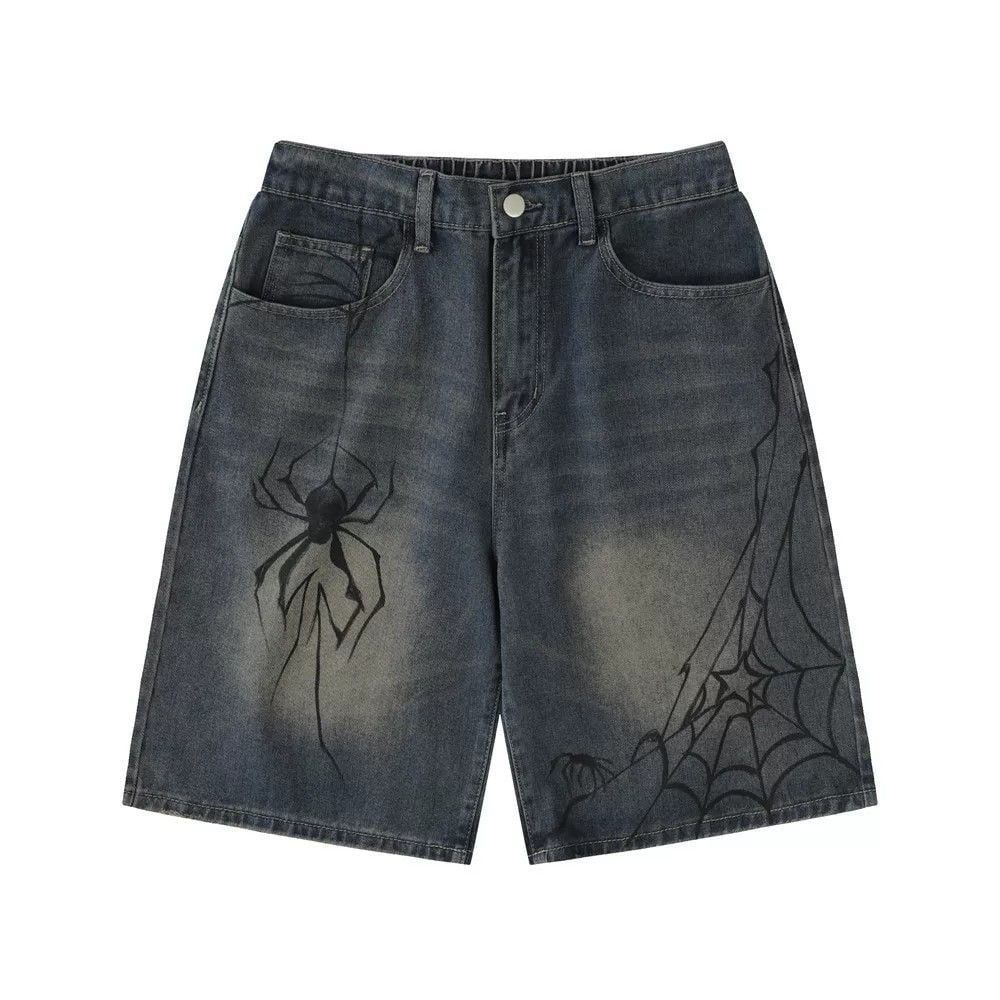 Men's loose casual denim shorts with trendy spider print