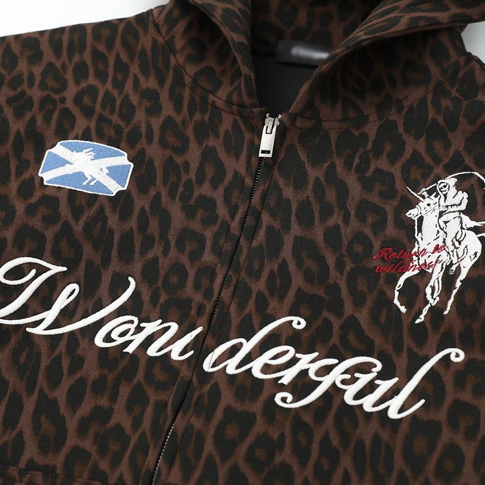 Men’s Leopard‑Print Two‑Way Zip‑Up Hoodie with Letter Embroidery, Loose Casual Vibe Streetwear for Spring & Autumn