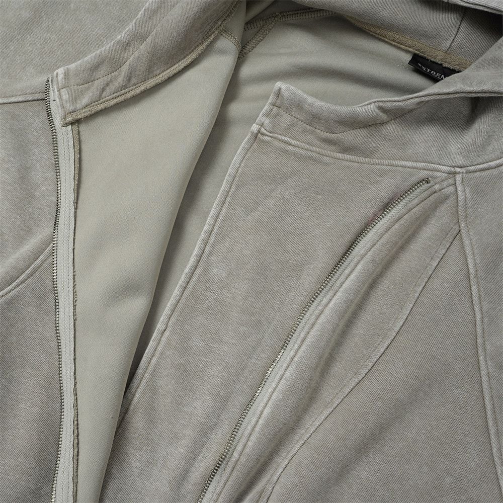 Men Washed Distressed Zip‑Up Hooded Cardigan, Loose Deconstructed Spliced Street‑Style Sweatshirt, Unique Diagonal Zipper Outerwear for Spring Autumn