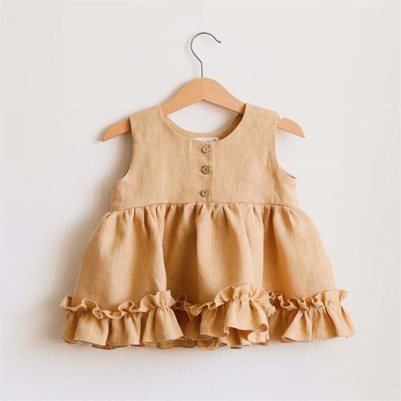 Spring & Summer Cotton Linen Baby Clothing Set, Girls Dress with Ruffle Trim, Princess Slip Dress & Bubble Pants