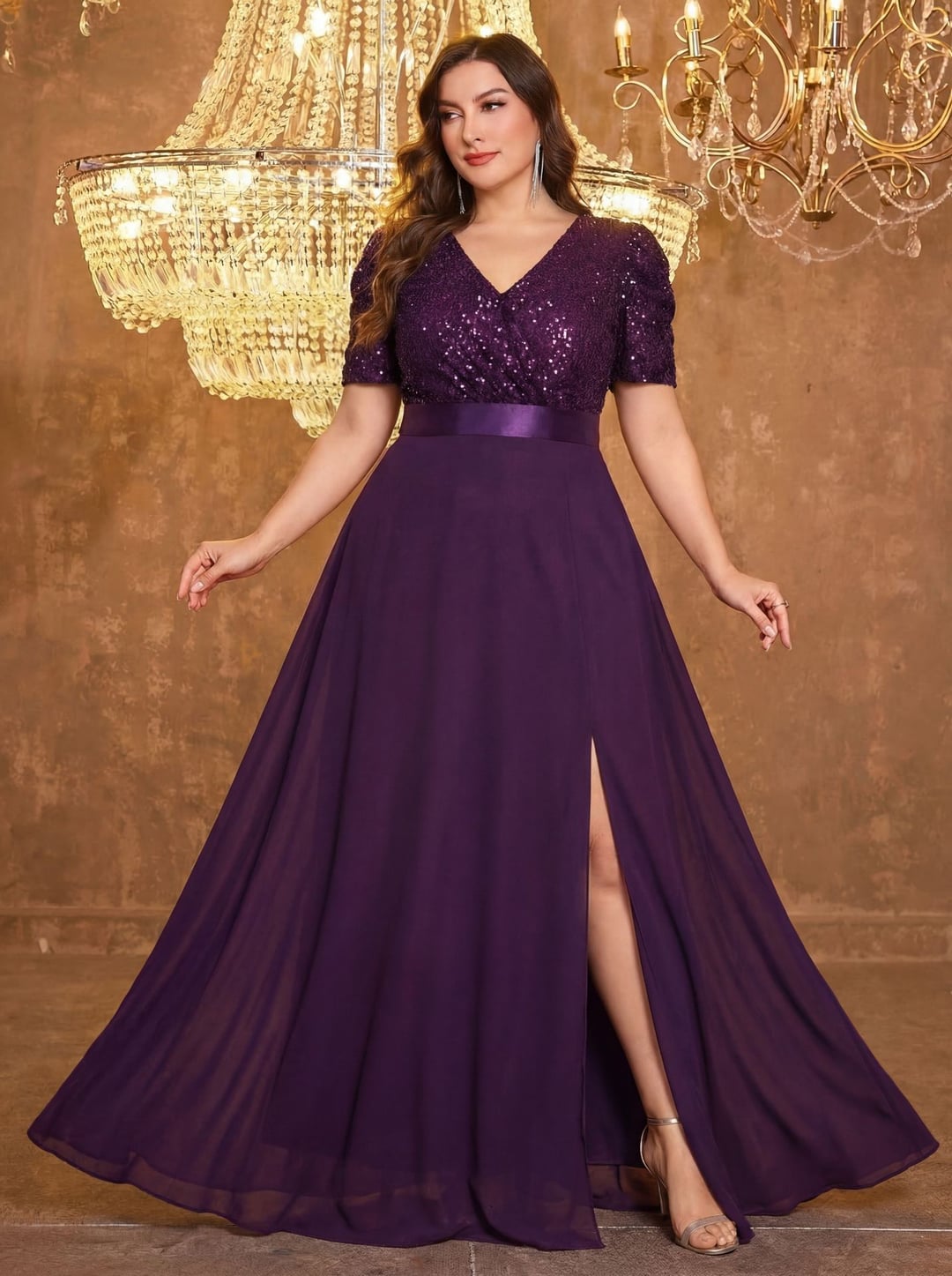 Plus Size European American V-Neck Long Sleeve Split Sequin Elegant Evening Dress