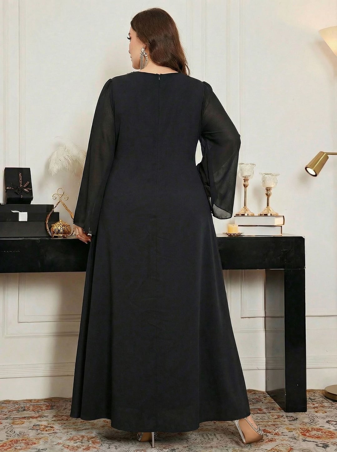 Elegant Plus Size Sequin Bridesmaid Gown, Round Neck Pearl Beaded Evening Dress