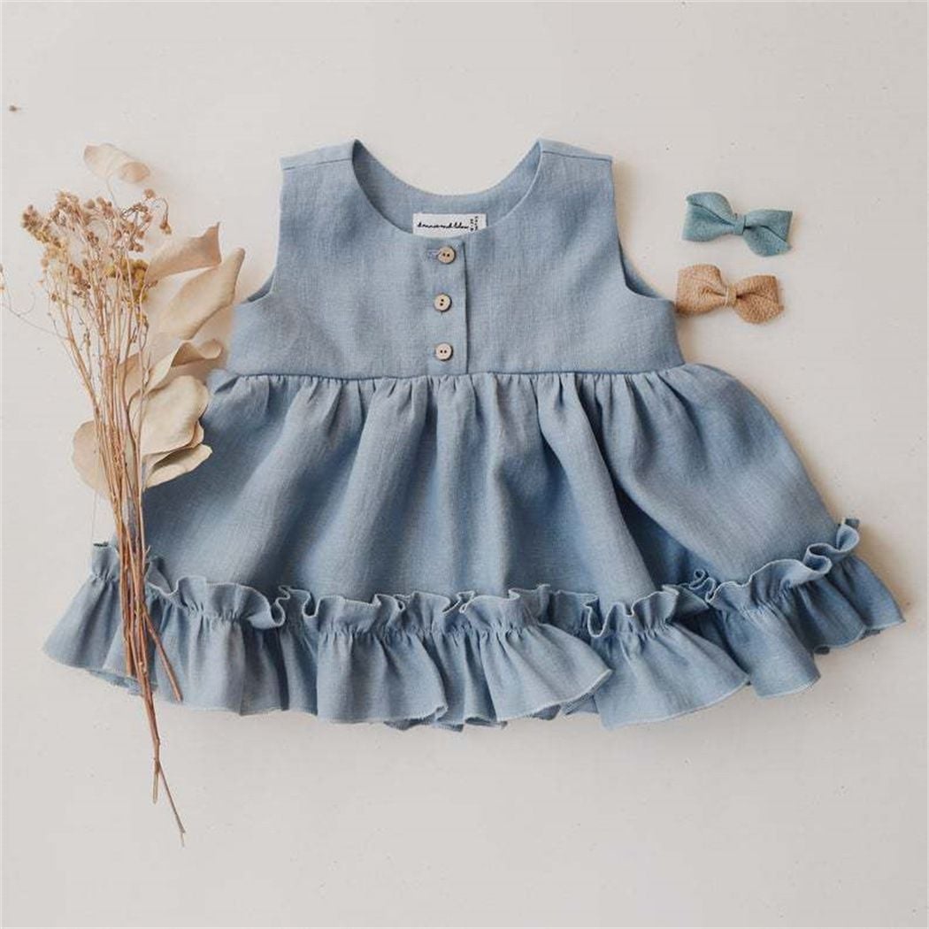 Spring & Summer Cotton Linen Baby Clothing Set, Girls Dress with Ruffle Trim, Princess Slip Dress & Bubble Pants