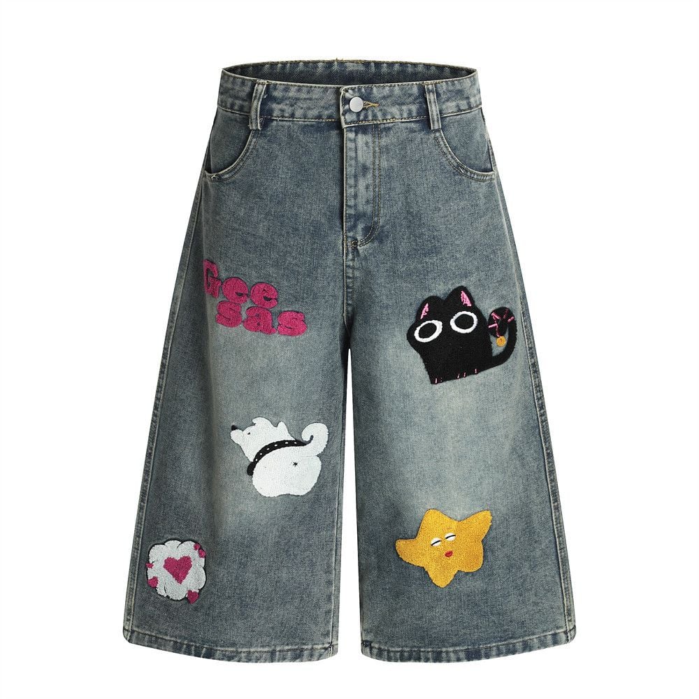 Men’s INS European Hip‑Hop Denim 5‑Inch Shorts, Fun Cartoon Motif, A‑Line Silhouette, Vintage Washed, Flock Embroidery Detail, Loose Wide‑Leg Street Shorts