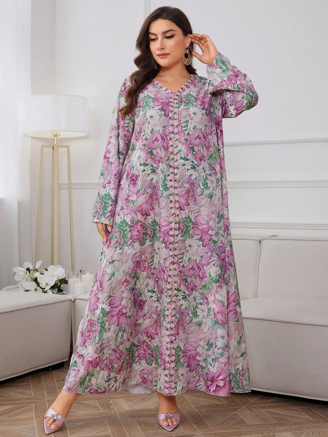 Plus Size Women Long Robe, V-Neck Embroidered Lace Trim, Best Seller Casual Long Dress